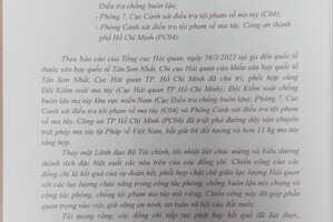 Bộ trưởng Tài chính Hồ Đức Phớc gửi thư khen lực lượng vụ tiếp viên ‘xách tay’ 11kg ma túy