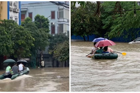 Nhiều tuyến đường ở Thái Nguyên ngập sâu, dân phải di chuyển bằng xuồng máy 