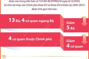 Sau khi sắp xếp-tinh gọn, tổ chức bộ máy Chính phủ sẽ giảm 5 bộ và 4 cơ quan