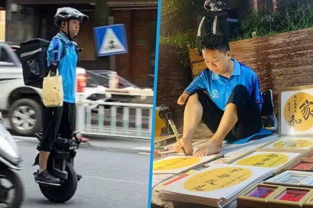 Chàng trai không tay giao đồ ăn bằng xe đạp một bánh, dùng môi điều khiển điện thoại