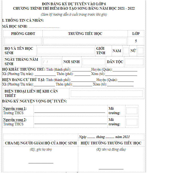 Mẫu đơn xin dự tuyển và đơn xin nhập học dành cho học sinh lớp 6 THCS