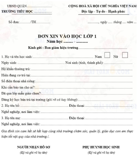 đơn xin vào lớp 1