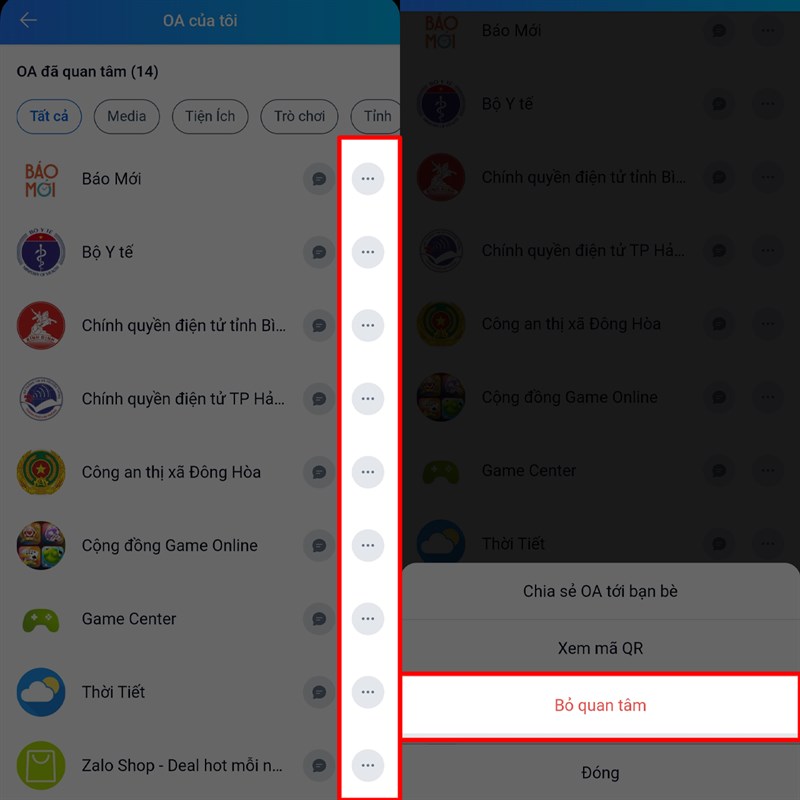 Hướng dẫn cách bỏ quan tâm Official Account không cần thiết trên Zalo2